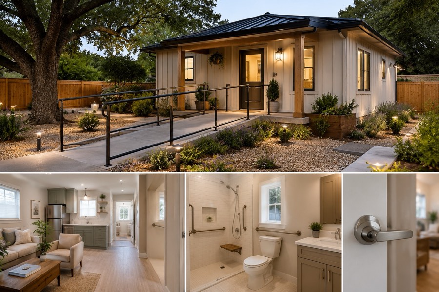 Accessible white farmhouse-style guest house ADU with a ramp and handrail entrance, with interior views of an open living area and an ADA roll-in shower bathroom with grab bars