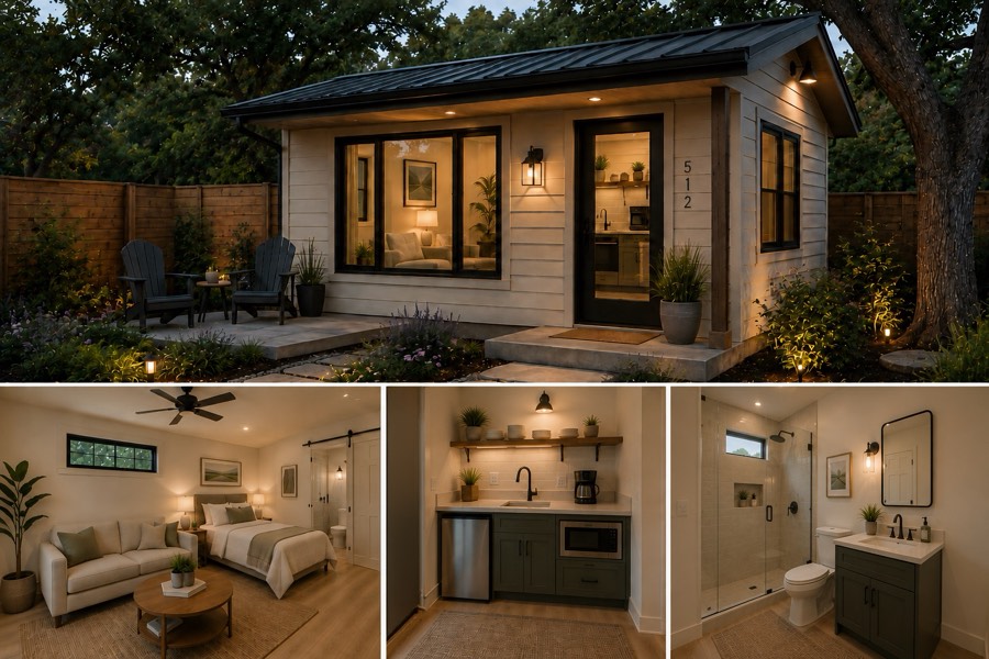 Cream cottage-style guest house ADU with a house number plaque and covered porch seating, with interior views of the bedroom, kitchenette, and bathroom