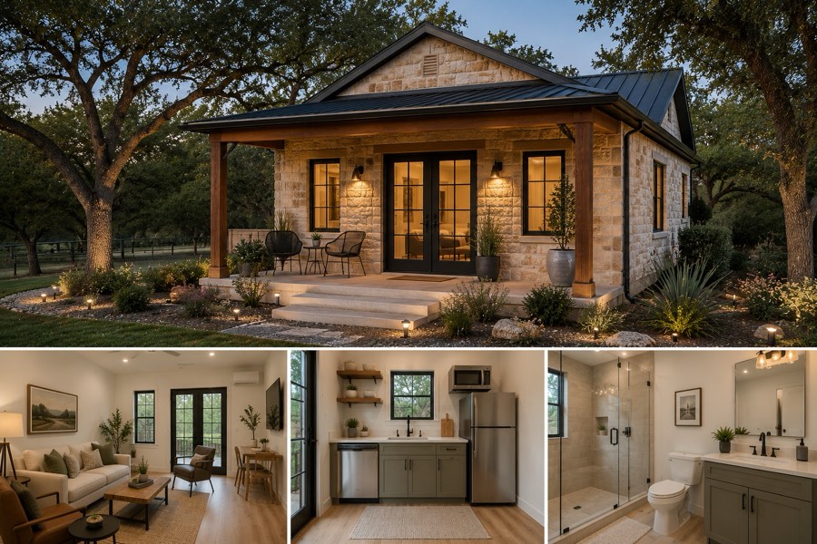 Texas Hill Country guest house ADU with native limestone walls, wood porch posts, and a black standing-seam metal roof, with interior views of the living room, kitchenette, and bathroom