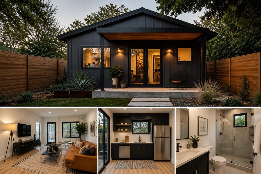 Modern black board-and-batten guest house ADU with a covered porch, with interior views of the living room, dark kitchenette, and bathroom