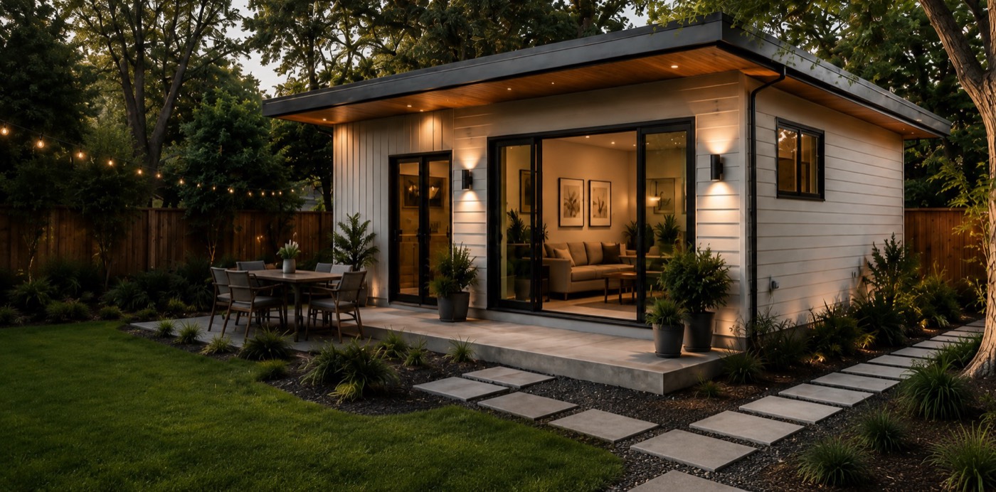 Modern backyard ADU with warm interior lighting, string lights, and a landscaped patio at dusk