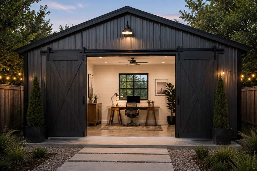 Modern black barndominium-style ADU home office with sliding barn doors, a gable roof, and string lights leading to a desk and computer