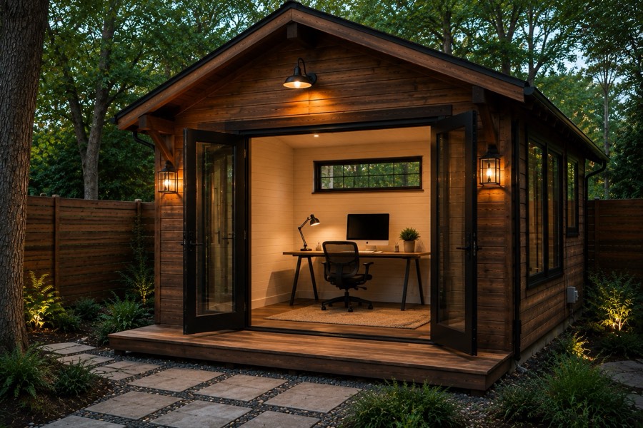 Rustic cabin-style ADU home office with dark stained wood siding, a covered deck, and lantern sconces flanking glass doors