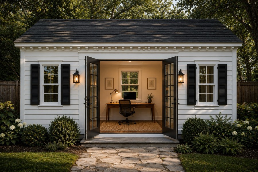 Classic white colonial-style ADU home office with black shutters, dentil trim, and French doors opening to a desk and computer