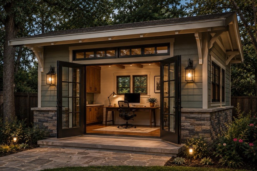 Craftsman-style ADU home office with sage green siding, a stone base, exposed rafter tails, and French doors opening to a desk setup