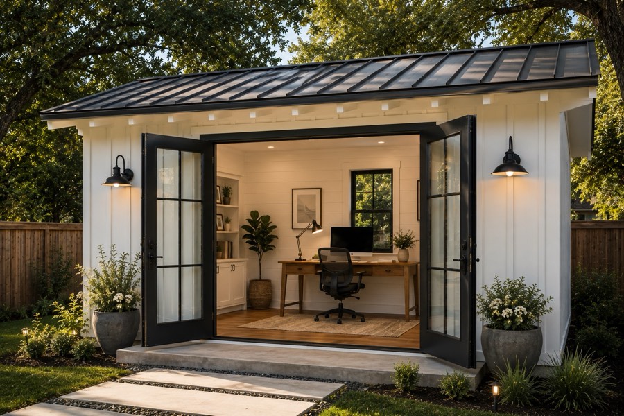 Modern farmhouse ADU home office with white board-and-batten siding, a black standing-seam metal roof, and glass French doors opening to a desk and computer