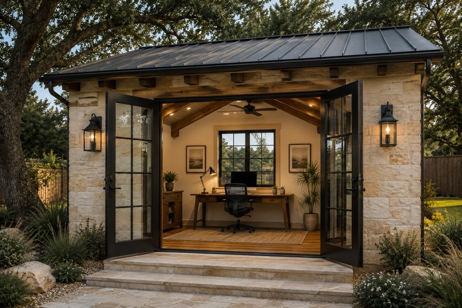 Texas Hill Country ADU home office with native limestone walls, a black standing-seam metal roof, exposed wood beams, and French doors opening to a desk and computer
