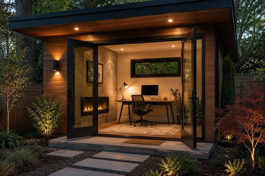 Mid-century modern ADU home office with dark wood siding, a flat roof, and a built-in fireplace beside a desk and computer