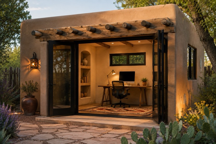 Southwestern adobe-style ADU home office with stucco walls, exposed vigas, and a patterned rug beneath a desk and computer