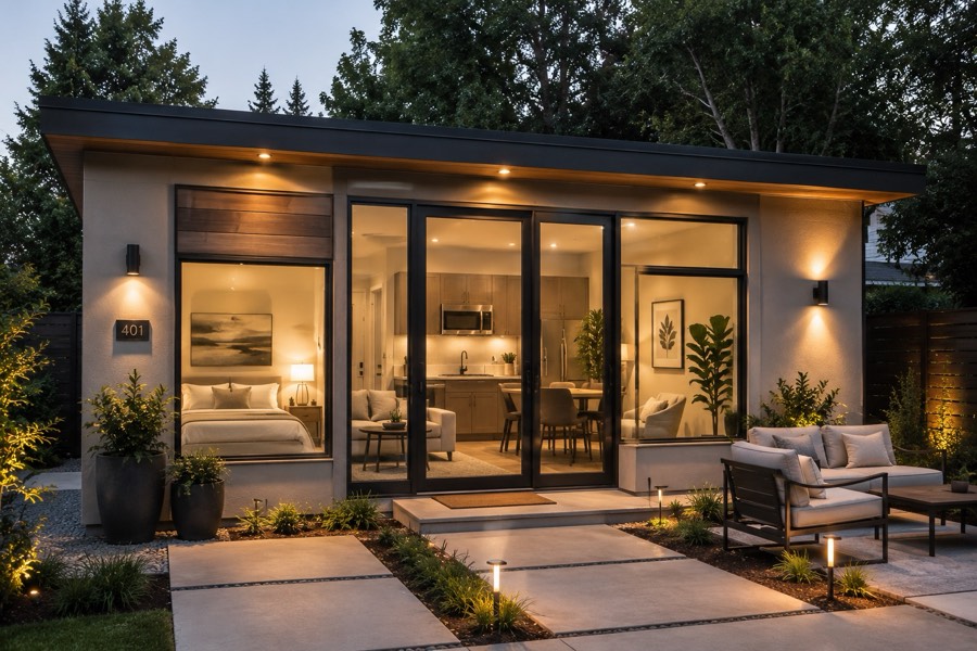 Backyard ADU guest suite at dusk with bedroom, kitchen, and living area visible through glass doors