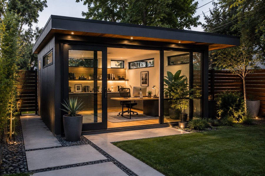 Backyard ADU home office at dusk with a desk, computer, and built-in shelving