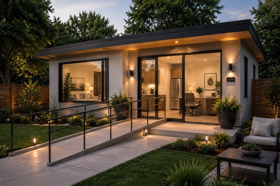 Backyard ADU with an accessible ramp entrance, kitchen, and office visible through glass doors at dusk
