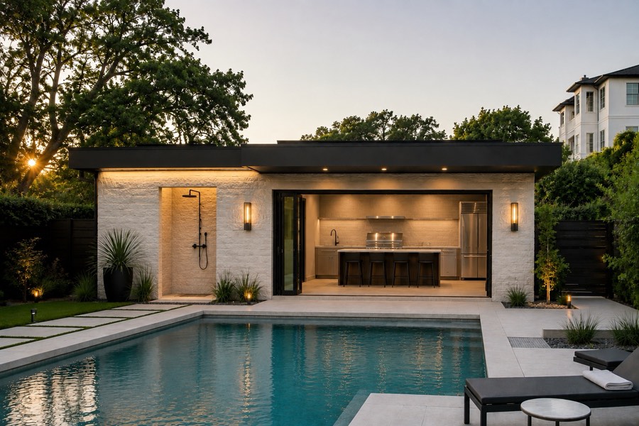 Backyard ADU pool house with an outdoor kitchen, shower, and pool at dusk